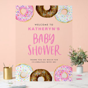 Panneau En Acrylique Bienvenue à la Baby Shower Donuts roses et au choc