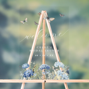 Panneau En Acrylique Bienvenue à la Baby Shower Fleurie Bleue et Papill