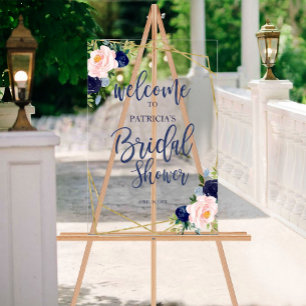 Panneau En Acrylique Bienvenue à la Baby Shower Florale Bleue