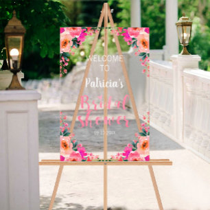 Panneau En Acrylique Bienvenue à la Baby Shower Florale Rose 