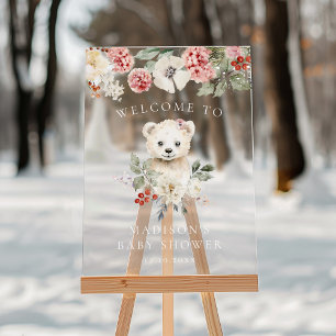 Panneau En Acrylique Bienvenue à la Baby Shower Ourson Polaire Aquarell
