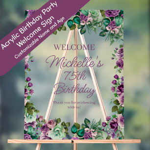 Panneau En Acrylique Bienvenue à la fête d'anniversaire florale verte m