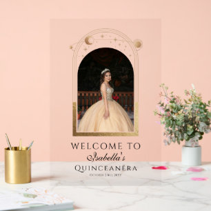 Panneau En Acrylique Bienvenue à la Quinceañera Bleu Céleste Or