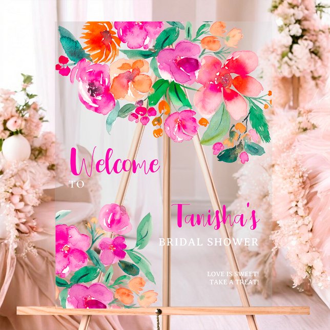 Panneau En Acrylique Bienvenue à la réception de mariage en rose vif fl (Bright pink floral script bridal shower welcome acrylic sign)