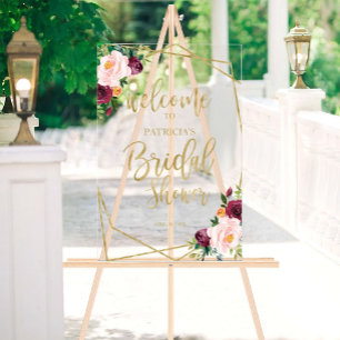 Panneau En Acrylique Bienvenue à la soirée de mariage floral Burgundy B