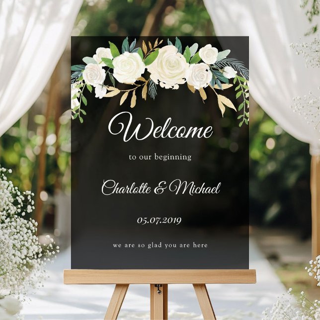 Panneau En Acrylique Bienvenue à notre début ! Mariage (Welcome to our beginning! Floral, white and greenery, wedding, acrylic sign.)