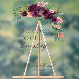 Panneau En Acrylique Bienvenue à notre histoire d'amour Mariage floral