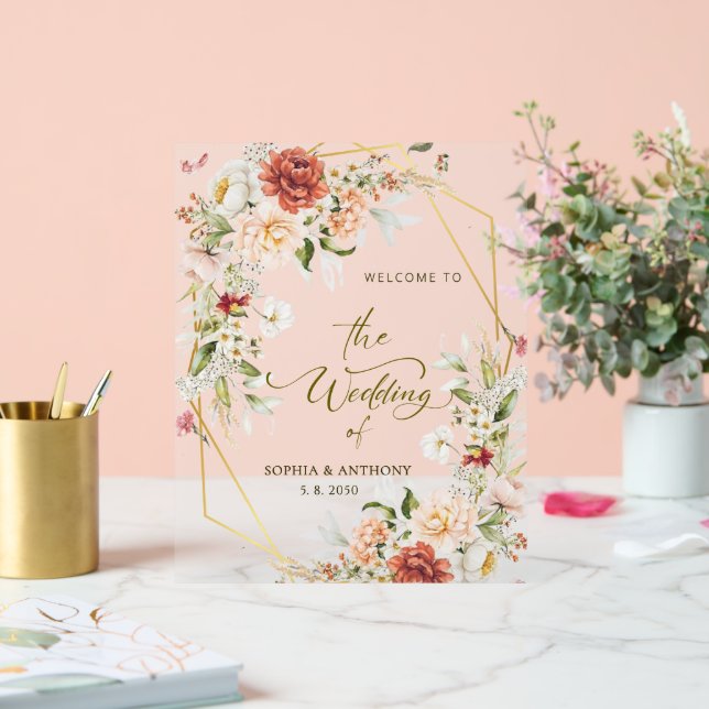 Panneau En Acrylique Bienvenue à Notre Mariage Foliage Gold Géométrique (Mariage)