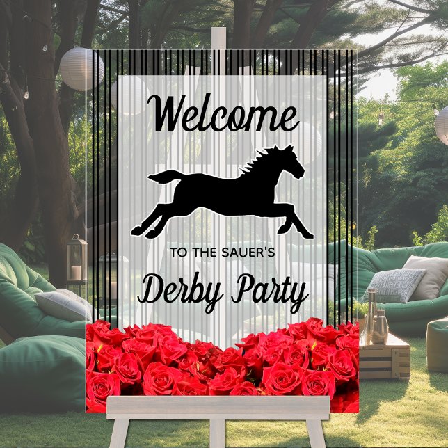 Panneau En Acrylique Bienvenue à Racehorse et à Derby Party Rose (Racehorse and Roses Derby Party Acrylic Welcome Sign)