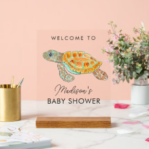 Panneau En Acrylique Bienvenue à votre Baby Shower Tortue de Mer Aquare