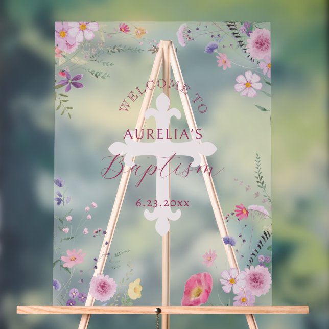 Panneau En Acrylique Bienvenue au baptême fleur sauvage (Neutre)