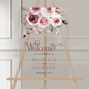 Panneau En Acrylique Bienvenue au mariage aux roses roses poussiéreuses