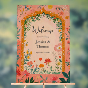 Panneau En Acrylique Bienvenue au mariage bohème floral rose de l'été