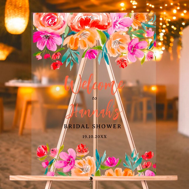 Panneau En Acrylique Bienvenue au mariage bohème orange fleurs sauvages (Boho orange floral wildflowers bridal welcome acrylic sign)