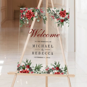 Panneau En Acrylique Bienvenue au mariage de Noël avec fleurs de poinse