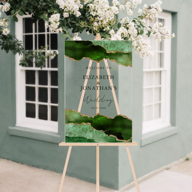 Panneau En Acrylique Bienvenue au Mariage d'or moderne Green Faux (Modern Green Faux Gold Wedding Welcome Acrylic Sign)