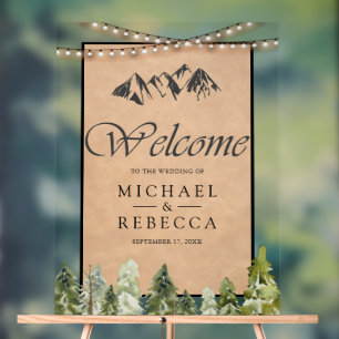 Panneau En Acrylique Bienvenue au mariage en forêt de montagne en Kraft