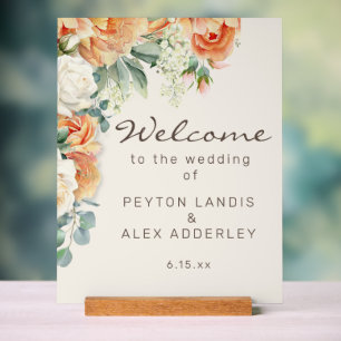Panneau En Acrylique Bienvenue au mariage floral blanc pêche Eucalyptus