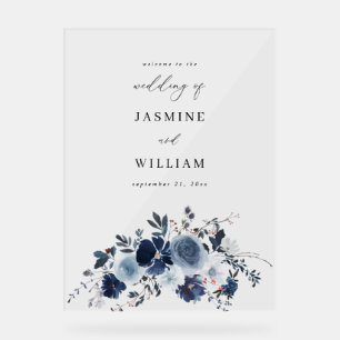 Panneau En Acrylique Bienvenue au Mariage Floral Blue & Navy
