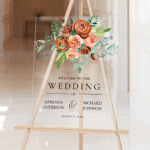 Panneau En Acrylique Bienvenue au mariage floral orange brûlé