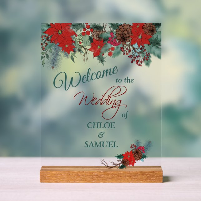 Panneau En Acrylique Bienvenue au Mariage frontalier Red Poinsettia (Neutre)