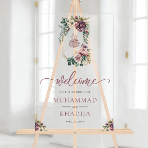 Panneau En Acrylique Bienvenue au mariage musulman avec blason floral v