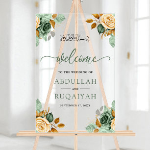 Panneau En Acrylique Bienvenue au mariage musulman floral crème vert