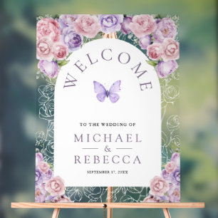 Panneau En Acrylique Bienvenue au mariage papillon floral rose violet