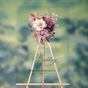 Panneau En Acrylique Bienvenue au mariage prune, gris, cuivre et rose p