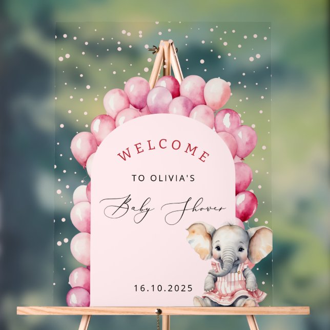 Panneau En Acrylique Bienvenue Baby shower fille Eléphant rose Ballons (Neutre)