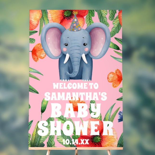 Panneau En Acrylique Bienvenue Baby shower rose Eléphant Floral (Neutre)