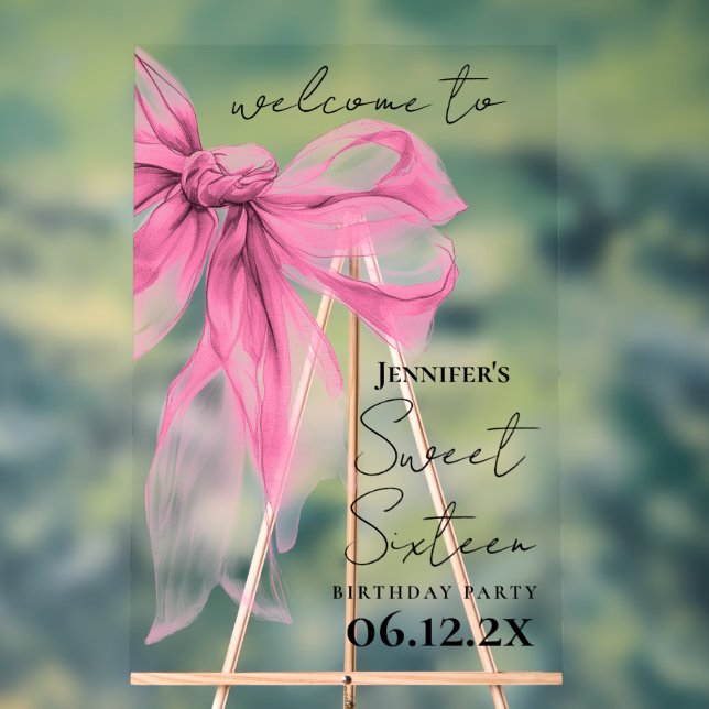 Panneau En Acrylique Bienvenue Coquette Ruban Rose Script Fête Douze An (Neutre)