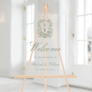 Panneau En Acrylique Bienvenue de mariage à la crête de monogramme vint