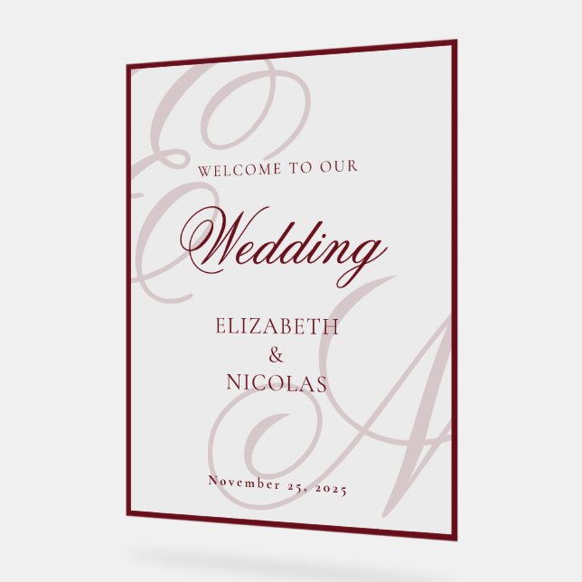 Panneau En Acrylique Bienvenue de mariage en monogramme d'argent ancien (Angle)