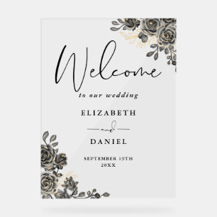 Panneau En Acrylique Bienvenue de mariage floral noir et or gothique