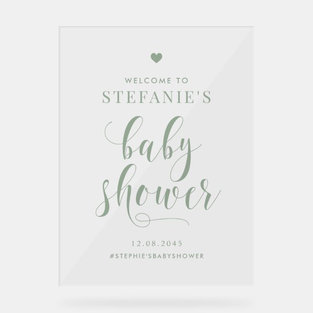 Panneau En Acrylique Bienvenue du Baby shower de script Gras Vert Sage (Recto)