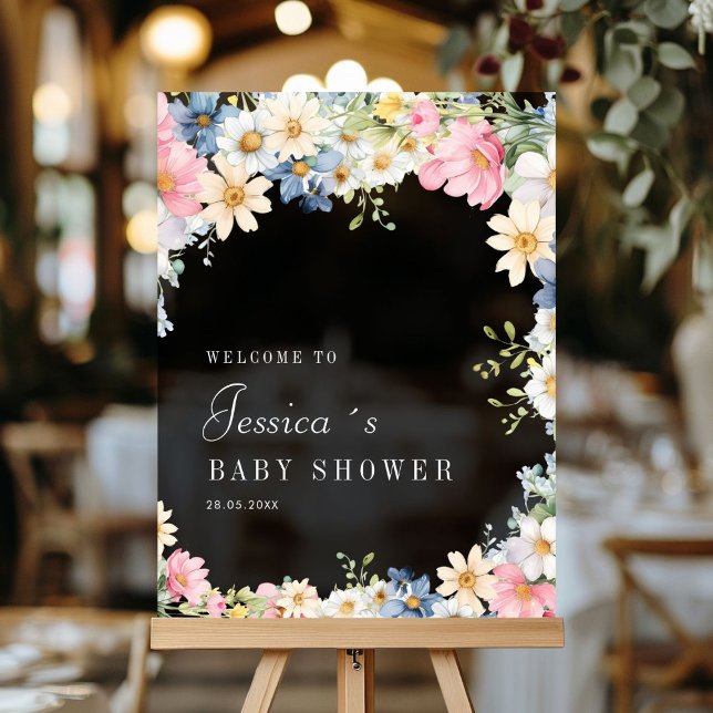 Panneau En Acrylique Bienvenue ! Fleur sauvage, Baby shower (Welcome! Wildflower, Baby Shower Acrylic Sign with your name and date.)