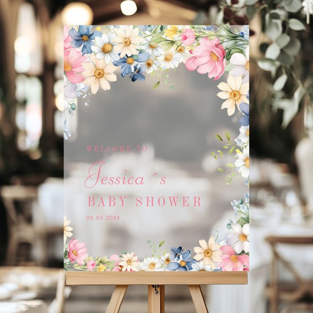 Panneau En Acrylique Bienvenue ! Fleur sauvage, Baby shower (Welcome! Wildflower, Baby Shower Acrylic Sign with your name and date.)