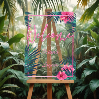 Panneau En Acrylique Bienvenue Fun Neon rose Tropical Palm Mariage