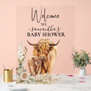 Panneau En Acrylique Bienvenue Highland Cow Calf Baby shower Boho