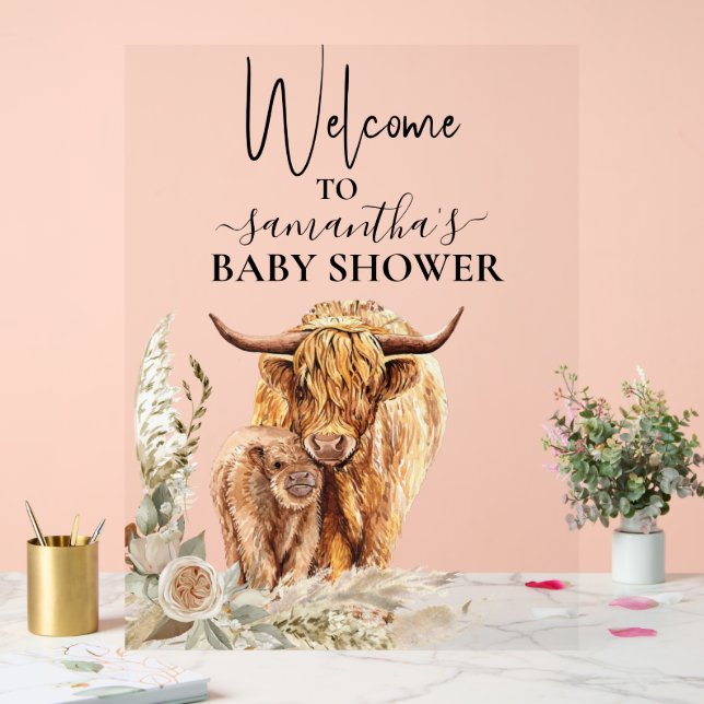 Panneau En Acrylique Bienvenue Highland Cow Calf Baby shower Boho (Mariage)