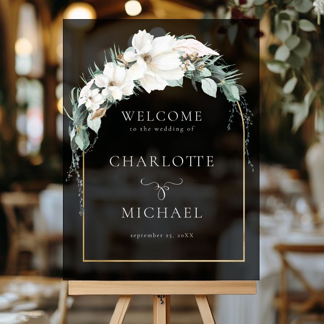PANNEAU EN ACRYLIQUE "BIENVENUE" LEAFY MARIAGE ("WELCOME" LEAFY WEDDING BLACK ACRYLIC SIGN with your names and date.)