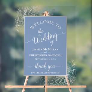 Panneau En Acrylique Bienvenue Mariage Calligraphie Argent et Bleu Pous