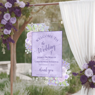 Panneau En Acrylique Bienvenue Mariage Floral Bohème Chic Violet Lavand