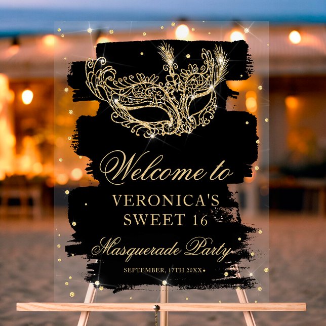 Panneau En Acrylique Bienvenue Masquerade en or noir parties scintillan (Welcome Masquerade black gold glitter Sweet 16 Acrylic Sign)