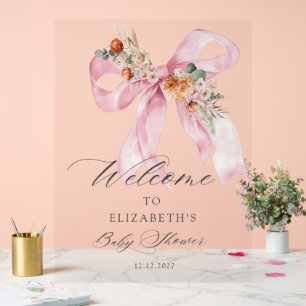 Panneau En Acrylique Bienvenue pour la Baby Shower Bébé Fille Fleur Ros