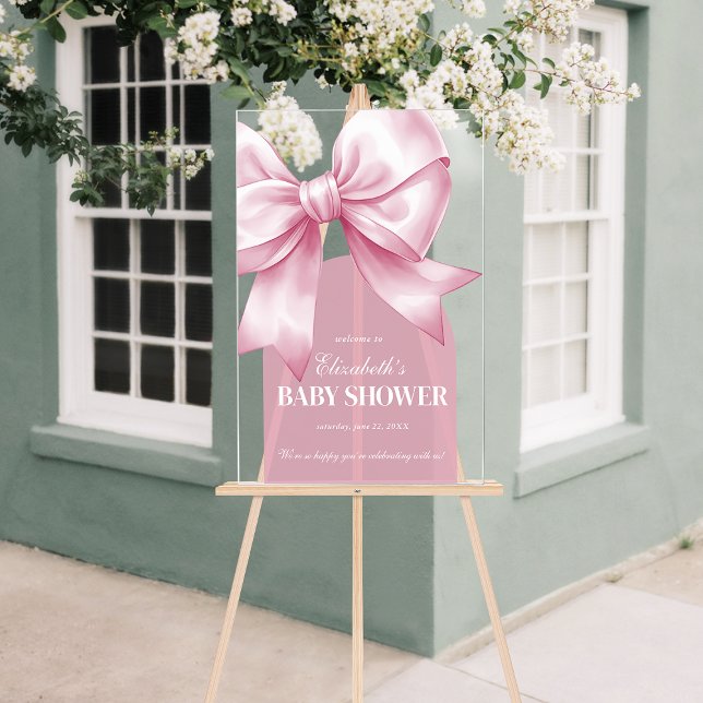 Panneau En Acrylique Bienvenue pour l'élégante Baby Shower Fille avec u (Pink Bow Baby Girl Elegant Baby Shower Welcome Acrylic Sign)