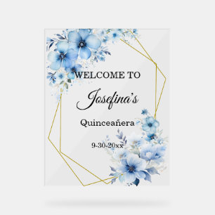 Panneau En Acrylique Bienvenue Quinceanera florale bleu jaune