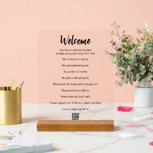 Panneau En Acrylique Bienvenue Règles de la maison de vacances Wi-Fi Co