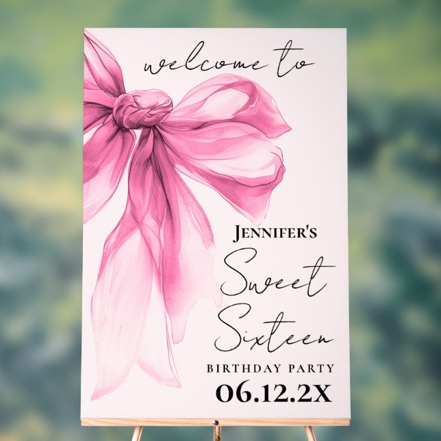 Panneau En Acrylique Bienvenue Ruban Rose Coquette Script Douce 16 Blus (Neutre)